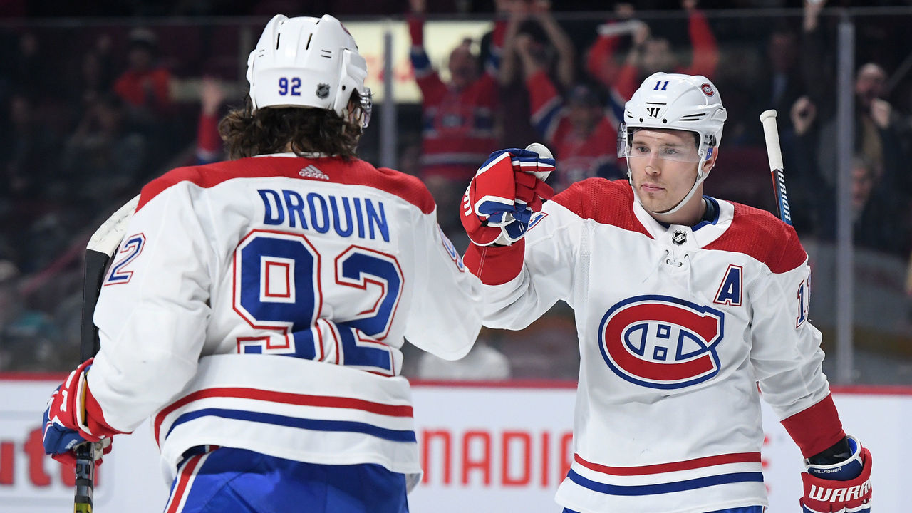 MONTREAL, QC - FEBRUARY 5: Brendan Gallagher #11 and Jonathan Drouin #92 of the Montreal Canadiens celebrate after scoring a goal against the Anaheim Ducks in the NHL game at the Bell Centre on February 5, 2019 in Montreal, Quebec, Canada.