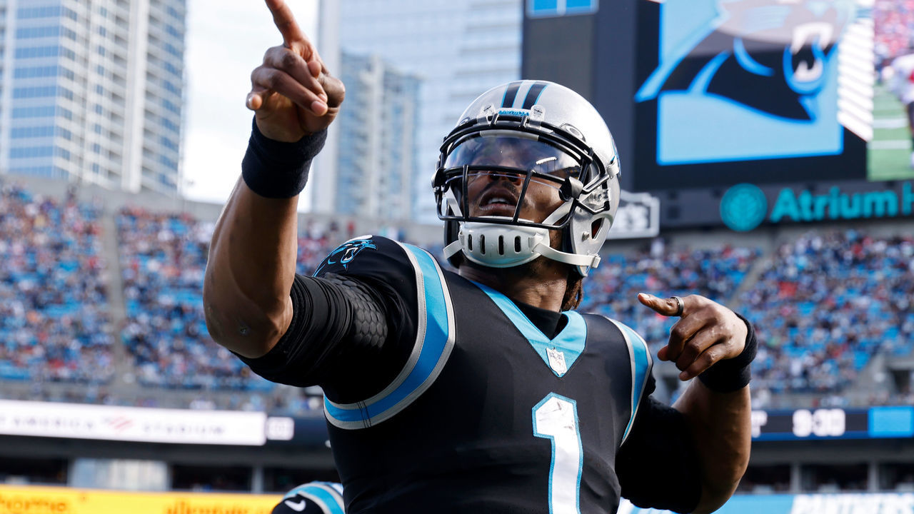 CHARLOTTE, NORTH CAROLINA - DECEMBER 26: Cam Newton #1 of the Carolina Panthers reacts after running for a first down during the first half in the game against the Tampa Bay Buccaneers at Bank of America Stadium on December 26, 2021 in Charlotte, North Carolina.