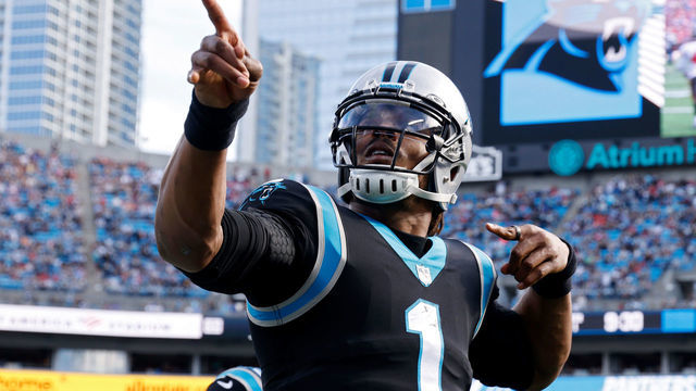 CHARLOTTE, NORTH CAROLINA - DECEMBER 26: Cam Newton #1 of the Carolina Panthers reacts after running for a first down during the first half in the game against the Tampa Bay Buccaneers at Bank of America Stadium on December 26, 2021 in Charlotte, North Carolina.