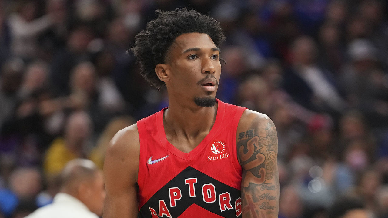 PHILADELPHIA, PA - MARCH 20: Armoni Brooks #1 of the Toronto Raptors controls the ball against the Philadelphia 76ers at the Wells Fargo Center on March 20, 2022 in Philadelphia, Pennsylvania.