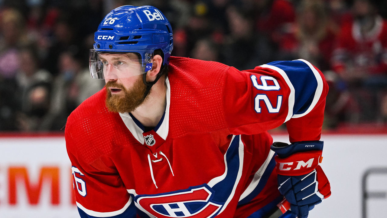 MONTREAL, QC - MARCH 21: Montreal Canadiens defenceman Jeff Petry (26) waits for a face-off during the Boston Bruins versus the Montreal Canadiens game on March 21, 2022 at Bell Centre in Montreal, QC