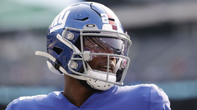 EAST RUTHERFORD, NEW JERSEY - SEPTEMBER 12: James Bradberry #24 of the New York Giants looks on before playing against the Denver Broncos at MetLife Stadium on September 12, 2021 in East Rutherford, New Jersey.