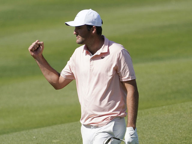 AUSTIN, TEXAS - MARCH 26: Scottie Scheffler of the United States celebrates after chipping in for eagle on the 16th hole to defeat Seamus Power of Ireland 3&2 in their quarterfinal match on the fourth day of the World Golf Championships-Dell Technologies Match Play at Austin Country Club on March 26, 2022 in Austin, Texas.