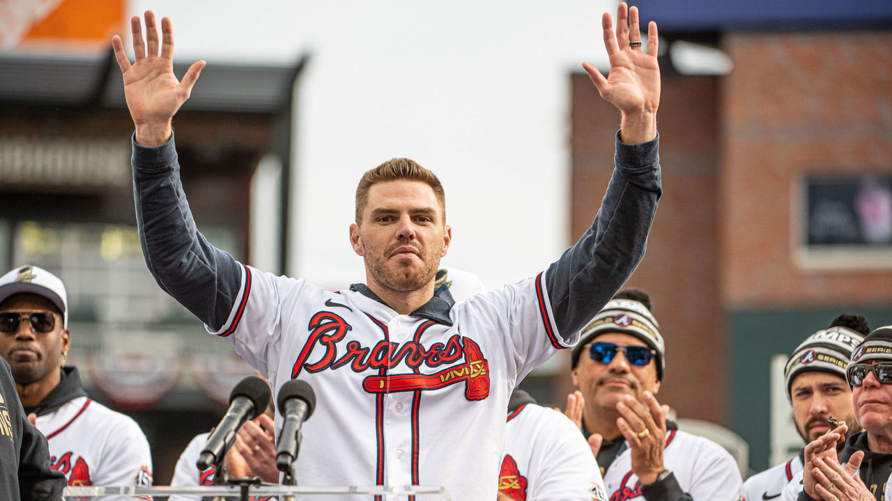 ATLANTA, GA - NOVEMBER 05: Atlanta Braves first baseman Freddie Freeman (5) showing appreciation for the Atlanta crowd during the championship celebration for the 2021 World Champion Atlanta Braves at Truist Park on November 05, 2021 at Truist Park in Atlanta, GA.