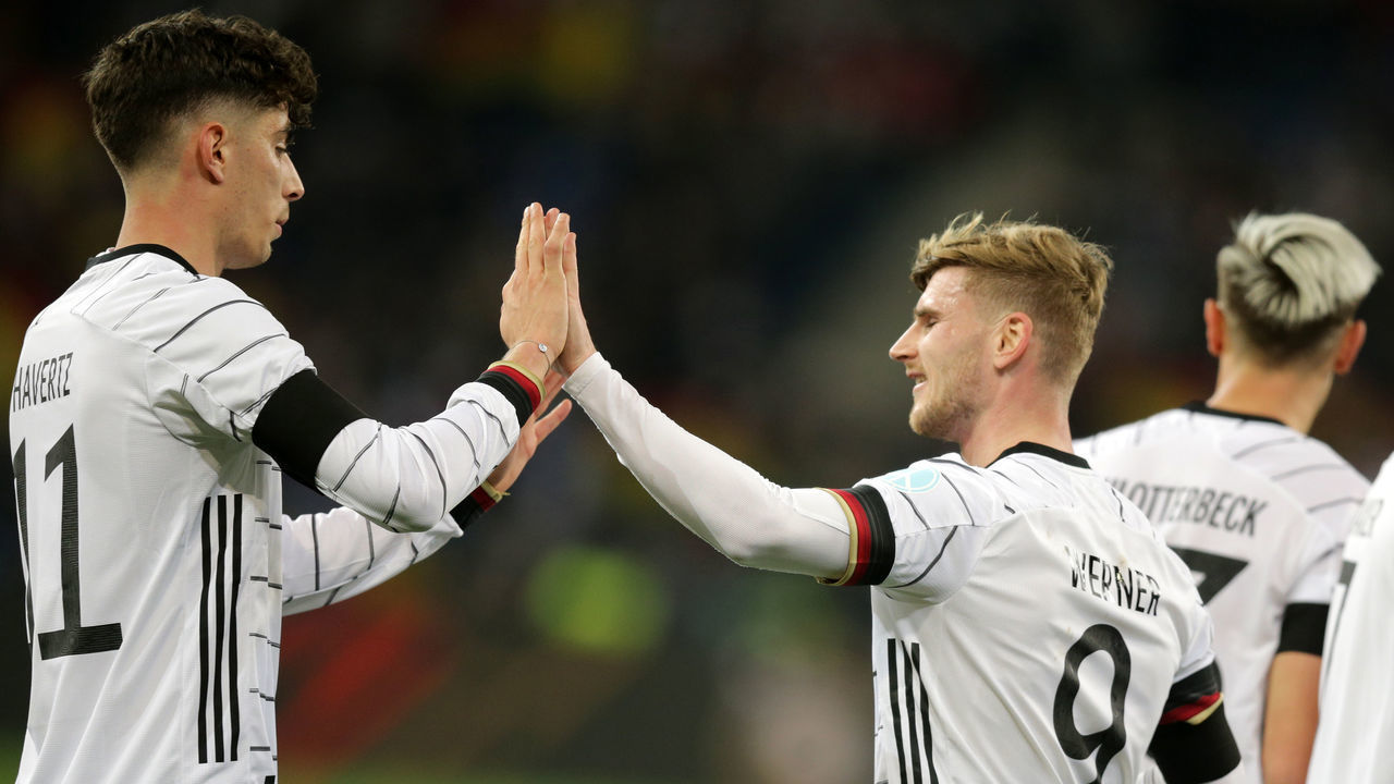 SINSHEIM, GERMANY - MARCH 26: Timo Werner of germany celebrates as he scores the goal with Kai Havertz of germany during the international friendly match between Germany and Israel at PreZero-Arena on March 26, 2022 in Sinsheim, Germany.