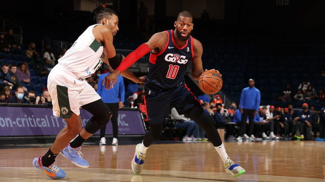 WASHINGTON, DC - MARCH 20: Greg Monroe #10 of the Capital City GoGo drives to the basket against the Wisconsin Herd during an NBA G-League game on March 20, 2022 at Entertainment and Sports Arena in Washington, DC. Mandatory Copyright Notice: Copyright 2022 NBAE
