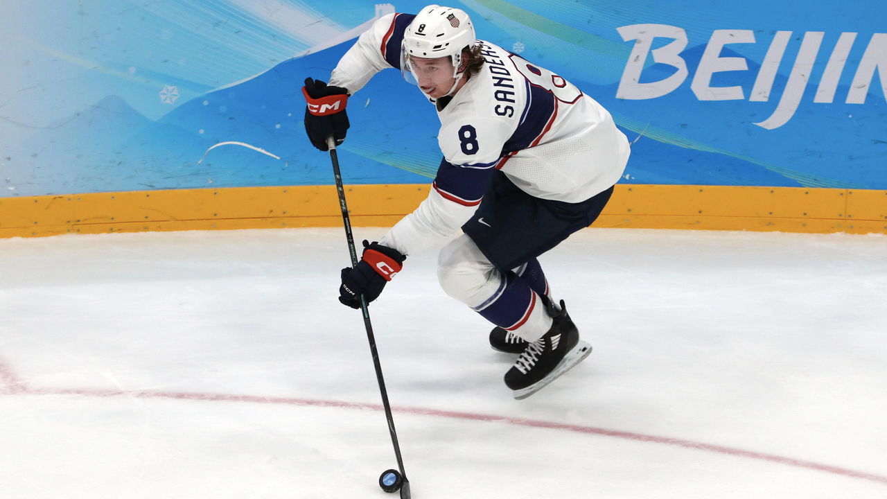 BEIJING, CHINA - FEBRUARY 12: Jake Sanderson #8 of Team Canada in action during the Men's Ice Hockey Preliminary Round Group A match between Team Canada and Team United States on Day 8 of the Beijing 2022 Winter Olympic Games at National Indoor Stadium on February 12, 2022 in Beijing, China.