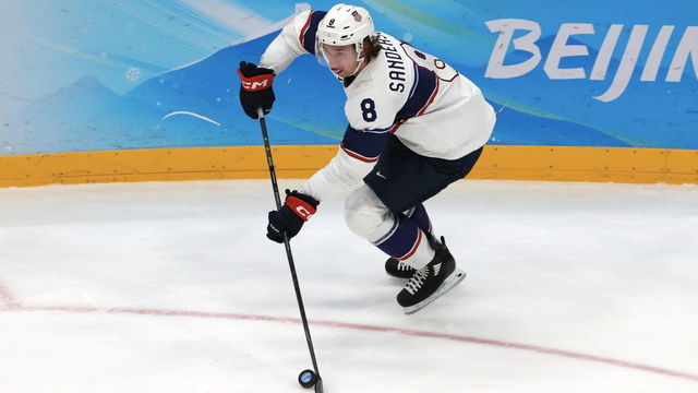 BEIJING, CHINA - FEBRUARY 12: Jake Sanderson #8 of Team Canada in action during the Men's Ice Hockey Preliminary Round Group A match between Team Canada and Team United States on Day 8 of the Beijing 2022 Winter Olympic Games at National Indoor Stadium on February 12, 2022 in Beijing, China.