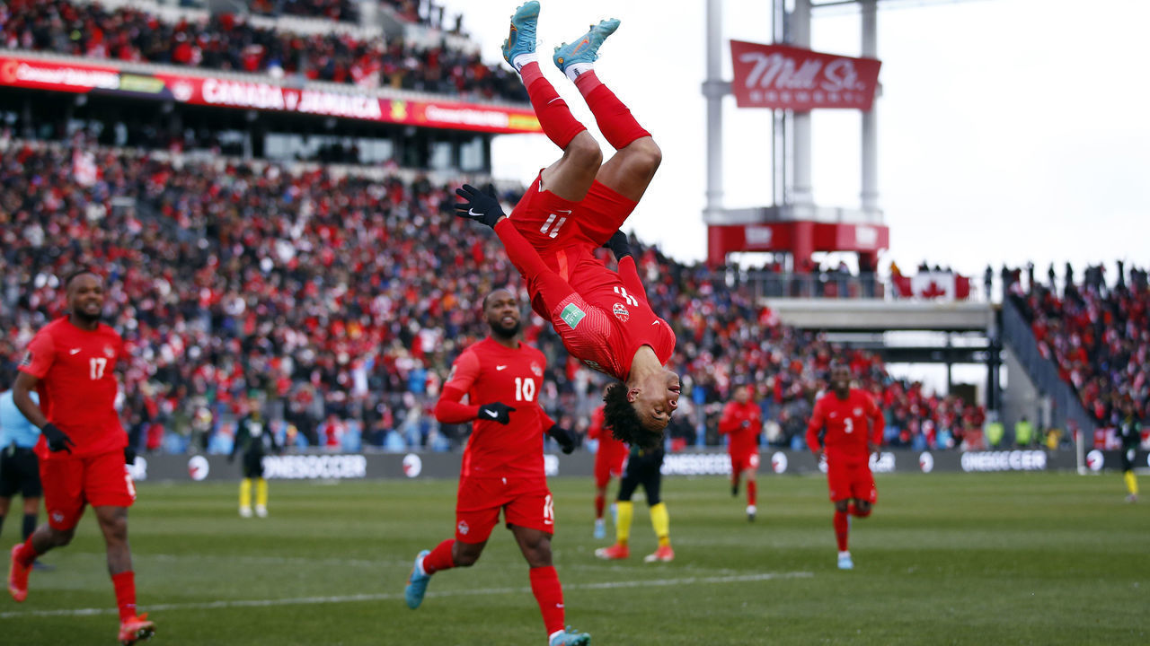 TORONTO, ON - MARCH 27: Tajon Buchanan #11 of Canada celebrates a goal during a 2022 World Cup Qualifying match against Jamaica at BMO Field on March 27, 2022 in Toronto, Ontario, Canada.