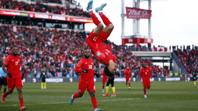 TORONTO, ON - MARCH 27: Tajon Buchanan #11 of Canada celebrates a goal during a 2022 World Cup Qualifying match against Jamaica at BMO Field on March 27, 2022 in Toronto, Ontario, Canada.