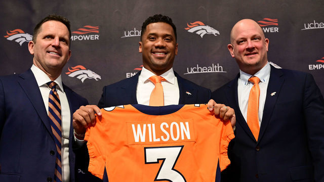 ENGLEWOOD, CO - MARCH 16: Quarterback Russell Wilson is introduced by head coach Nathaniel Hackett and GM George Paton at Denver Broncos Headquarters in Englewood, Colorado on Wednesday, March 16, 2022.
