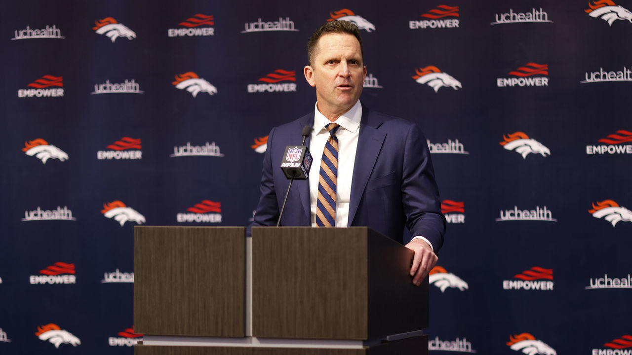 ENGLEWOOD, CO - MARCH 16: General Manager George Paton of the Denver Broncos addresses the media before introducing Quarterback Russell Wilson of the Denver Broncos at UCHealth Training Center on March 16, 2022 in Englewood, Colorado.