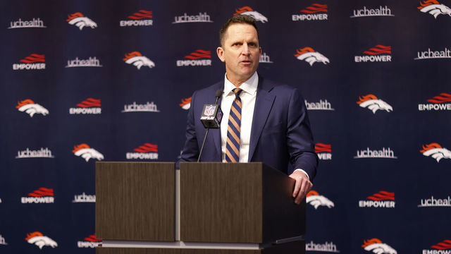 ENGLEWOOD, CO - MARCH 16: General Manager George Paton of the Denver Broncos addresses the media before introducing Quarterback Russell Wilson of the Denver Broncos at UCHealth Training Center on March 16, 2022 in Englewood, Colorado.