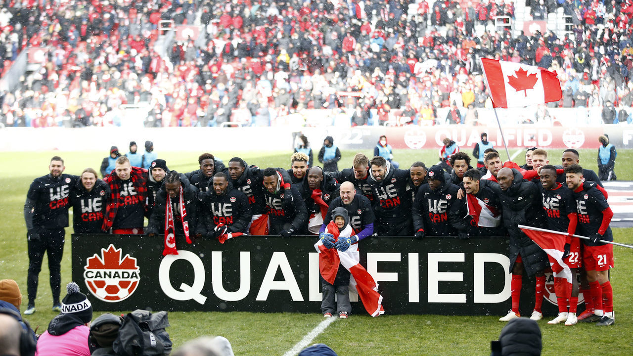 TORONTO, ON - MARCH 27: Canada celebrates after the final whistle following a 2022 World Cup Qualifying match against Jamaica at BMO Field on March 27, 2022 in Toronto, Ontario, Canada.