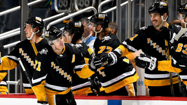PITTSBURGH, PA - MARCH 27: Evgeni Malkin #71 of the Pittsburgh Penguins celebrates his second period goal against the Detroit Red Wings at PPG PAINTS Arena on March 27, 2022 in Pittsburgh, Pennsylvania.