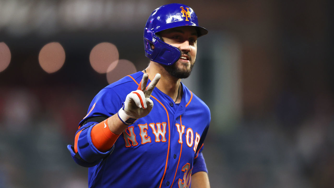 ATLANTA, GA - OCTOBER 02: Michael Conforto #30 of the New York Mets reacts after hitting a ball deep for a home run during the eighth inning of the game against the Atlanta Braves at Truist Park on October 2, 2021 in Atlanta, Georgia.