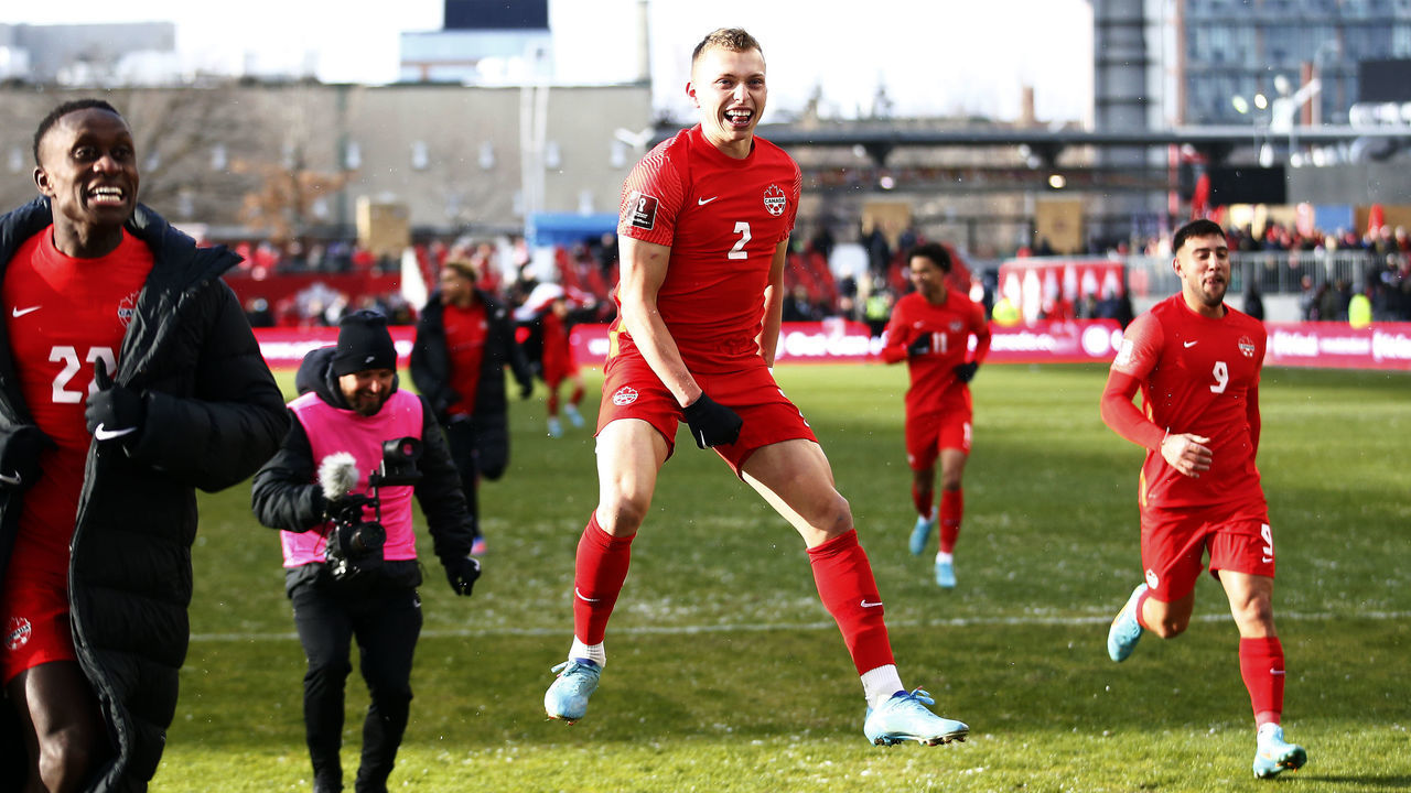 TORONTO, ON - MARCH 27: Alistair Johnston #2 of Canada celebrates after the final whistle following a 2022 World Cup Qualifying match against Jamaica at BMO Field on March 27, 2022 in Toronto, Ontario, Canada.
