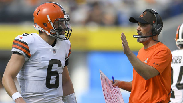 INGLEWOOD, CA - OCTOBER 10: Baker Mayfield #6 of the Cleveland Browns talks to head coach Kevin Stefanski at SoFi Stadium on October 10, 2021 in Inglewood, California.