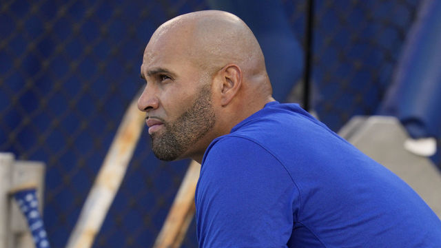 Los Angeles, CA - October 05: Albert Pujols #55 of the Los Angeles Dodgers during a workout day before the National League Wildcard game against the St. Louis Cardinals at Dodger Stadium in Los Angeles on Tuesday, October 5, 2021.