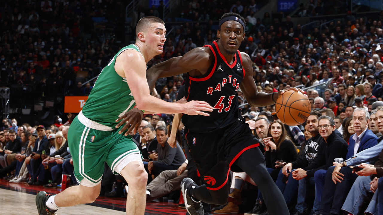 TORONTO, CANADA - MARCH 28: Pascal Siakam #43 of the Toronto Raptors drives to the basket during the game against the Boston Celtics on March 28, 2022 at the Scotiabank Arena in Toronto, Ontario, Canada. Mandatory Copyright Notice: Copyright 2022 NBAE