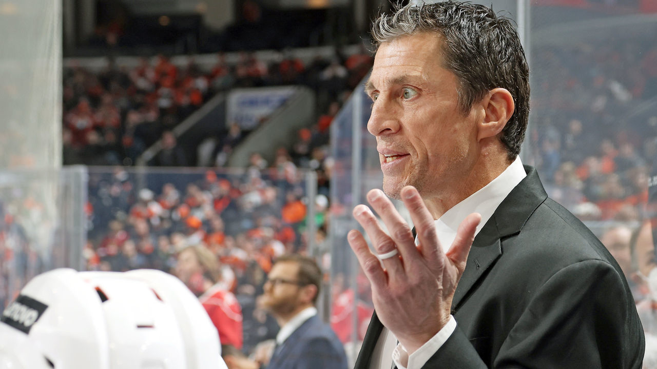 PHILADELPHIA, PA - NOVEMBER 26: Head Coach of the Carolina Hurricanes Rod Brind'Amour looks on during the first period against the Philadelphia Flyers at the Wells Fargo Center on November 26, 2021 in Philadelphia, Pennsylvania.