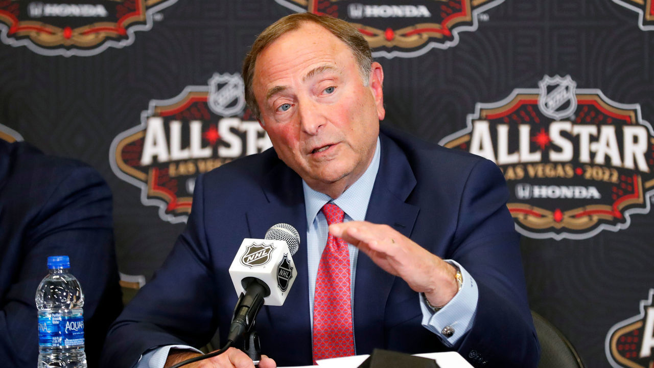 LAS VEGAS, NV - FEBRUARY 04: Gary Bettman, NHL commissioner, gives a State of the League address prior to the NHL All-Star Skills Competition Presented by DraftKings Sportsbook as part of the Honda NHL All-Star Weekend on February 4, 2022 at T-Mobile Arena in Las Vegas, Nevada.