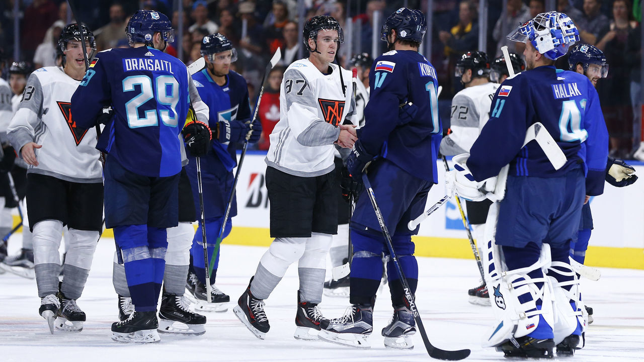 QUEBEC CITY, QC - SEPTEMBER 8: Connor McDavid #97 of Team North America shakes the hand of Anze Kopitar #11 of Team Europe after their World Cup of Hockey exhibition game at the Centre Videotron on September 8, 2016 in Quebec City, Quebec, Canada.