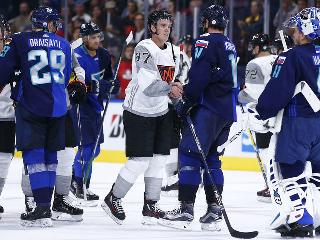 QUEBEC CITY, QC - SEPTEMBER 8: Connor McDavid #97 of Team North America shakes the hand of Anze Kopitar #11 of Team Europe after their World Cup of Hockey exhibition game at the Centre Videotron on September 8, 2016 in Quebec City, Quebec, Canada.