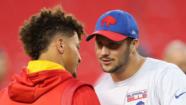 KANSAS CITY, MO - OCTOBER 10: Buffalo Bills quarterback Josh Allen (17) and Kansas City Chiefs quarterback Patrick Mahomes (15) hug before an NFL football game between the Buffalo Bills and Kansas City Chiefs on Oct 10, 2021 at GEHA Filed at Arrowhead Stadium in Kansas City, MO.
