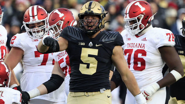 WEST LAFAYETTE, INDIANA - NOVEMBER 27: George Karlaftis #5 of the Purdue Boilermakers reacts after a play during the second quarter in the game against the Indiana Hoosiers at Ross-Ade Stadium on November 27, 2021 in West Lafayette, Indiana.