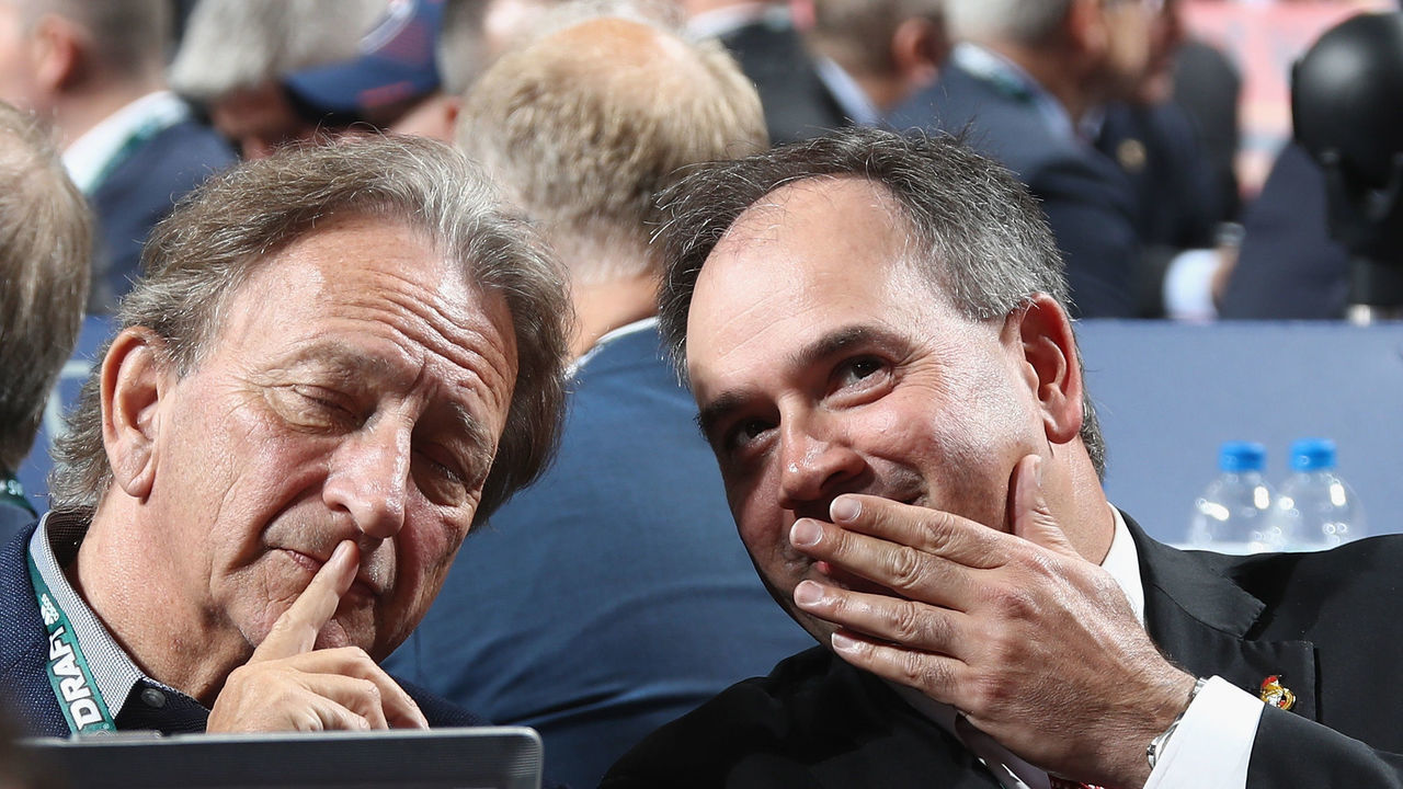DALLAS, TX - JUNE 22: Eugene Melynk and Pierre Dorion of the Ottawa Senators attend the first round of the 2018 NHL Draft at American Airlines Center on June 22, 2018 in Dallas, Texas.