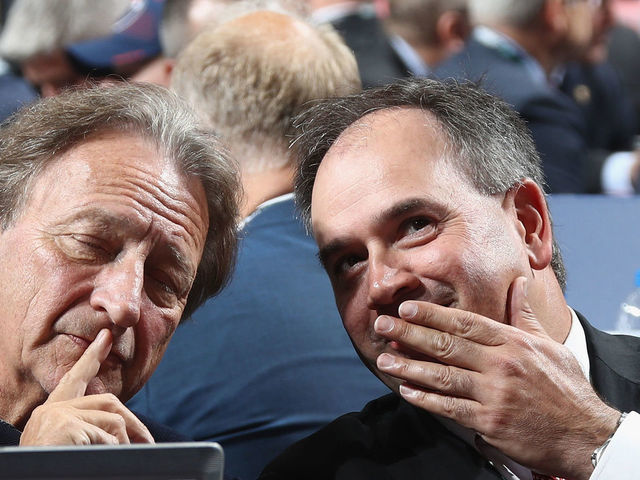 DALLAS, TX - JUNE 22: Eugene Melynk and Pierre Dorion of the Ottawa Senators attend the first round of the 2018 NHL Draft at American Airlines Center on June 22, 2018 in Dallas, Texas.