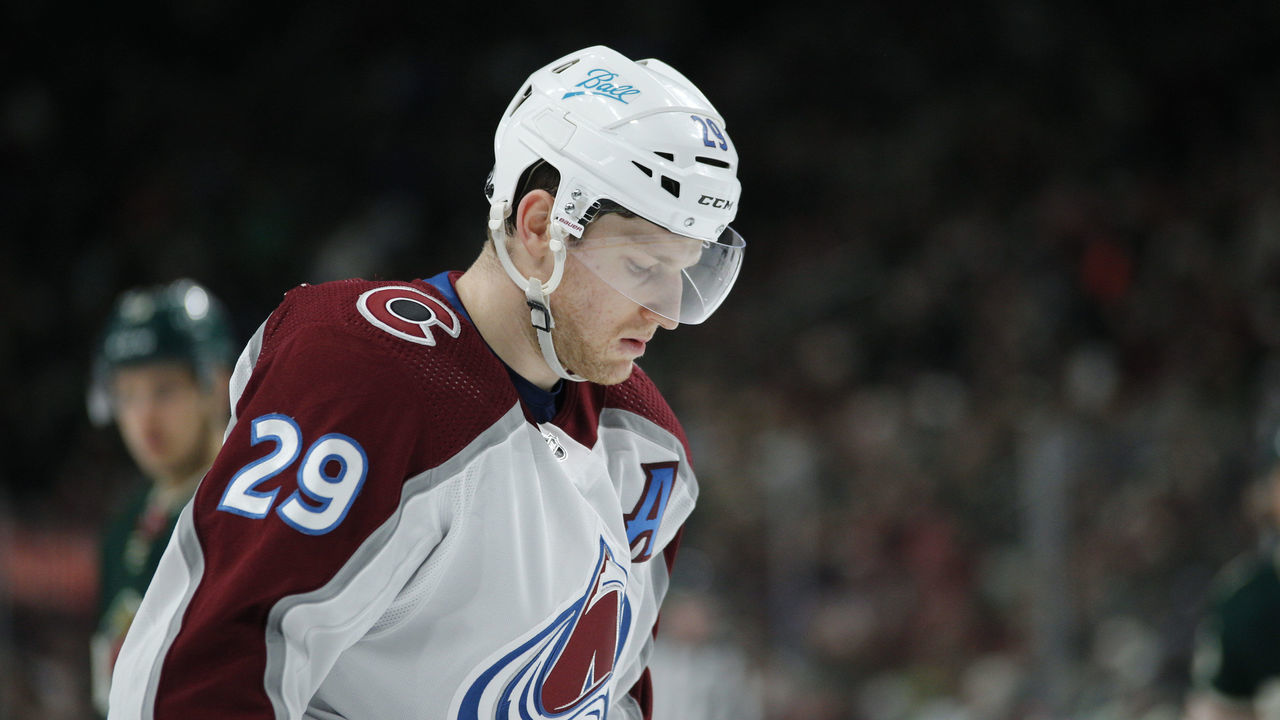 ST. PAUL, MN - MARCH 27: Colorado Avalanche Center Nathan MacKinnon (29) gets ready for a faceoff during the NHL game between the Colorado Avalanche and the Minnesota Wild on March 27th, 2022, at Xcel Energy Center in St. Paul, MN.