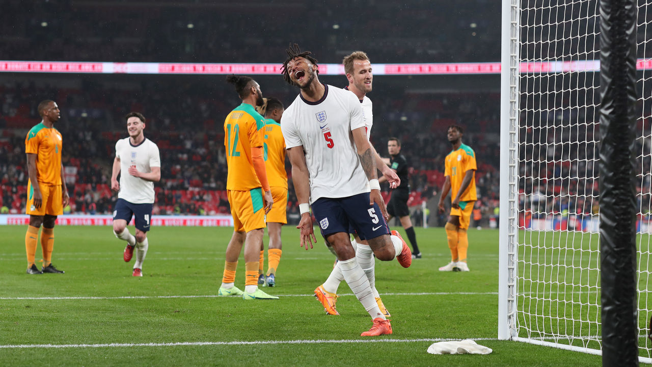 LONDON, ENGLAND - MARCH 29: Tyrone Mings of England celebrates after scoring their 3rd goal during the international friendly match between England and Cote D'Ivoire at Wembley Stadium on March 29, 2022 in London, United Kingdom.