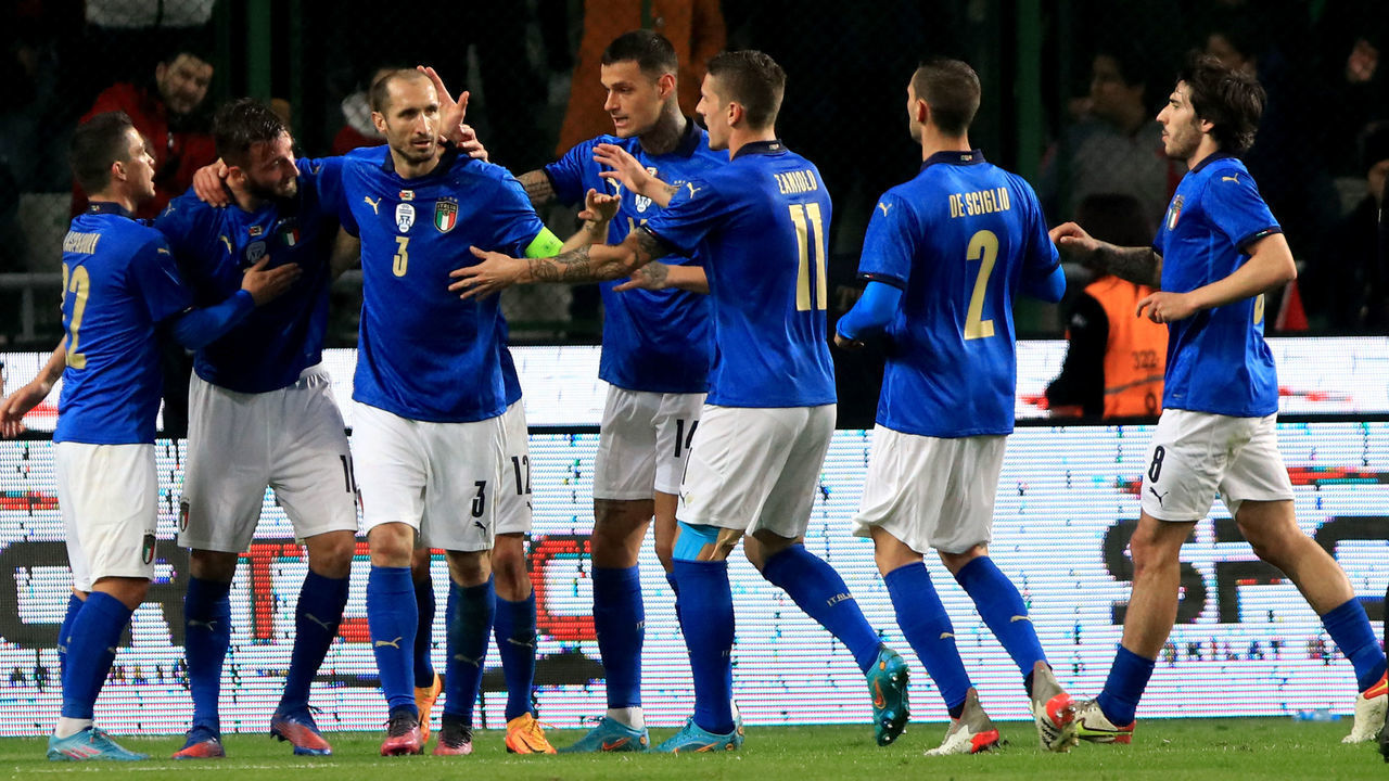 KONYA, TURKIYE - MARCH 29: Players of Italy's National Football Team celebrate after scoring a goal during the friendly match between Turkiye and Italy, at Konya Metropolitan Municipality Stadium in Konya, Turkiye on March 29, 2022.
