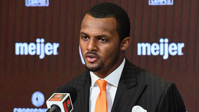 BEREA, OHIO - MARCH 25: Quarterback Deshaun Watson of the Cleveland Browns speaks during his press conference introducing him to the Cleveland Browns at CrossCountry Mortgage Campus on March 25, 2022 in Berea, Ohio.
