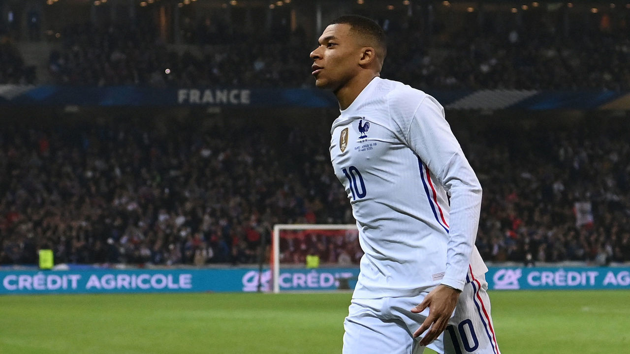 French forward Kylian Mbappe reacts during the friendly football match between France and South Africa at Pierre-Mauroy stadium in Villeneuve-d'Ascq, near Lille, northern France, on March 29, 2022.