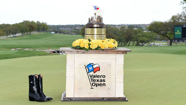 SAN ANTONIO, TEXAS - APRIL 04: The trophy and cowboy boots are seen on the 18th green during the final round of Valero Texas Open at TPC San Antonio Oaks Course on April 04, 2021 in San Antonio, Texas.
