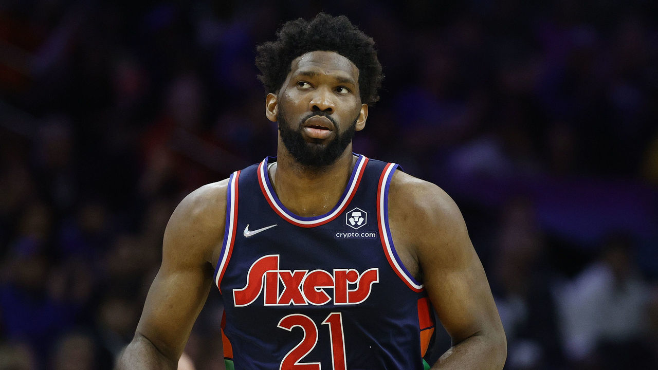 PHILADELPHIA, PENNSYLVANIA - MARCH 29: Joel Embiid #21 of the Philadelphia 76ers looks on during the second quarter against the Milwaukee Bucks at Wells Fargo Center on March 29, 2022 in Philadelphia, Pennsylvania.