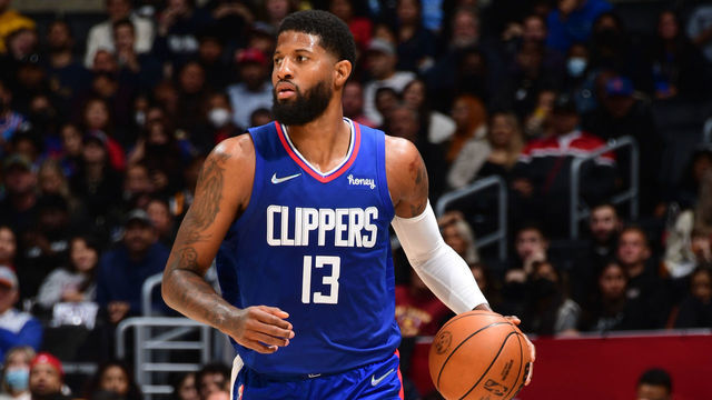 LOS ANGELES, CA - MARCH 29: Paul George #13 of the LA Clippers dribbles the ball during the game against the Utah Jazz on March 29, 2022 at Crypto.Com Arena in Los Angeles, California. NOTE TO USER: User expressly acknowledges and agrees that, by downloading and/or using this Photograph, user is consenting to the terms and conditions of the Getty Images License Agreement. Mandatory Copyright Notice: Copyright 2022 NBAE