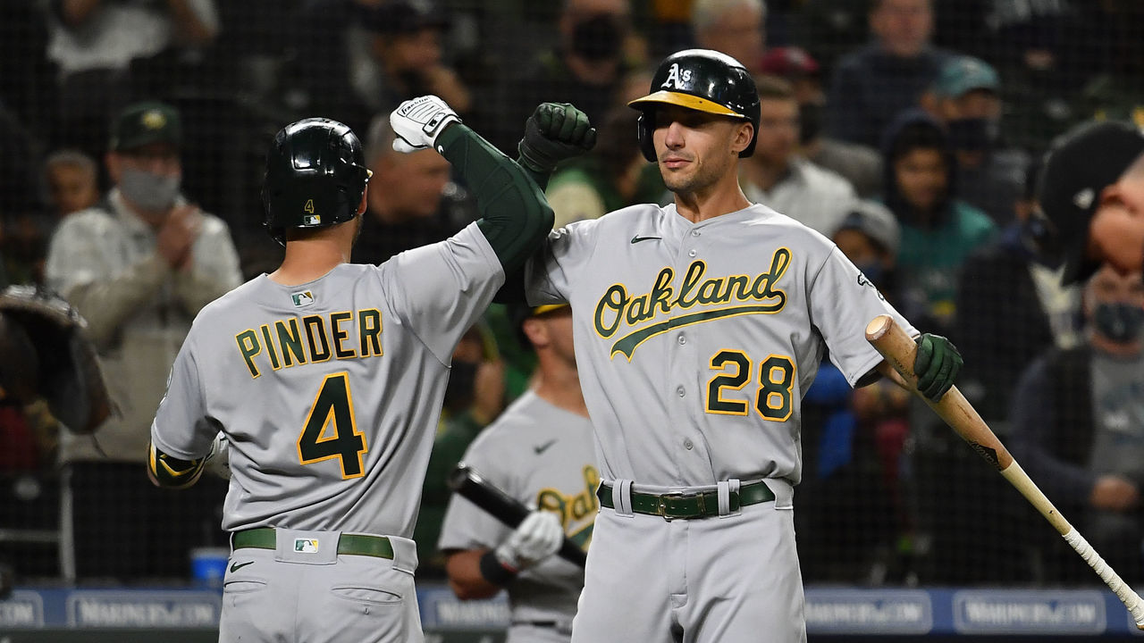 SEATTLE, WASHINGTON - SEPTEMBER 28: Chad Pinder #4 of the Oakland Athletics celebrates with Matt Olson #28 after hitting a home run during the fourth inning against the Seattle Mariners at T-Mobile Park on September 28, 2021 in Seattle, Washington.