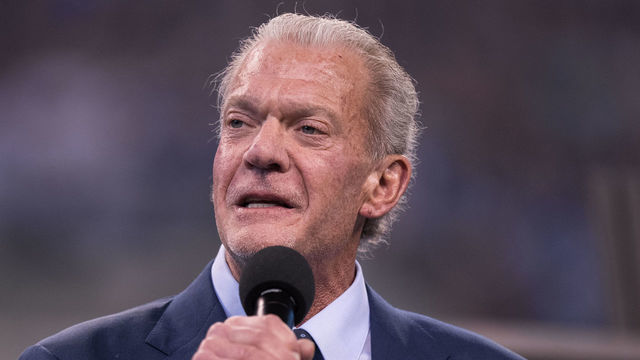 INDIANAPOLIS, IN - OCTOBER 08: Jim Irsay speaks during the ceremony for the retired jersey of Peyton Manning during the NFL game between the San Francisco 49ers and Indianapolis Colts on October 8, 2017, at Lucas Oil Stadium in Indianapolis, IN.