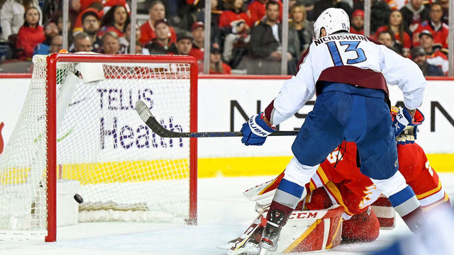 CALGARY, AB - MARCH 29: Colorado Avalanche Left Wing Valeri Nichushkin (13) scores on Calgary Flames Goalie Jacob Markstrom (25) during the third period of an NHL game where the Calgary Flames hosted the Colorado Avalanche on March 29, 2022, at the Scotiabank Saddledome in Calgary, AB.