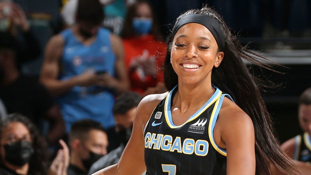 CHICAGO, IL - SEPTEMBER 23: Lexie Brown #7 of the Chicago Sky smiles after the game against the Dallas Wings during the 2021 WNBA Playoffs on September 23, 2021 at Wintrust Arena in Chicago, Illinois. Mandatory Copyright Notice: Copyright 2021 NBAE