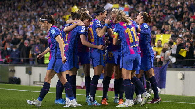 BARCELONA, SPAIN - MARCH 30: Claudia Pina of FC Barcelona celebrates with team mates after scoring her team's third goal during the UEFA Women's Champions League Quarter Final Second Leg match between FC Barcelona and Real Madrid at Camp Nou on March 30, 2022 in Barcelona, Spain.