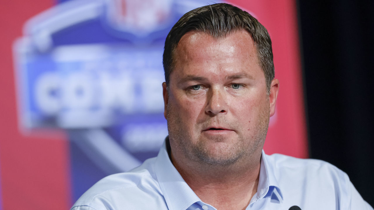 INDIANAPOLIS, IN - MAR 02: General manager, Scott Fitterer of the Carolina Panthers speaks to reporters during the NFL Draft Combine at the Indiana Convention Center on March 2, 2022 in Indianapolis, Indiana.