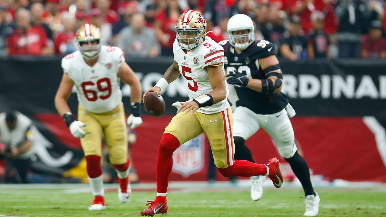 GLENDALE, AZ - OCTOBER 10: Trey Lance #5 of the San Francisco 49ers scrambles during the game against the Arizona Cardinals at State Farm Stadium on October 10, 2021 in Glendale, Arizona. The Cardinals defeated the 49ers 17-10.
