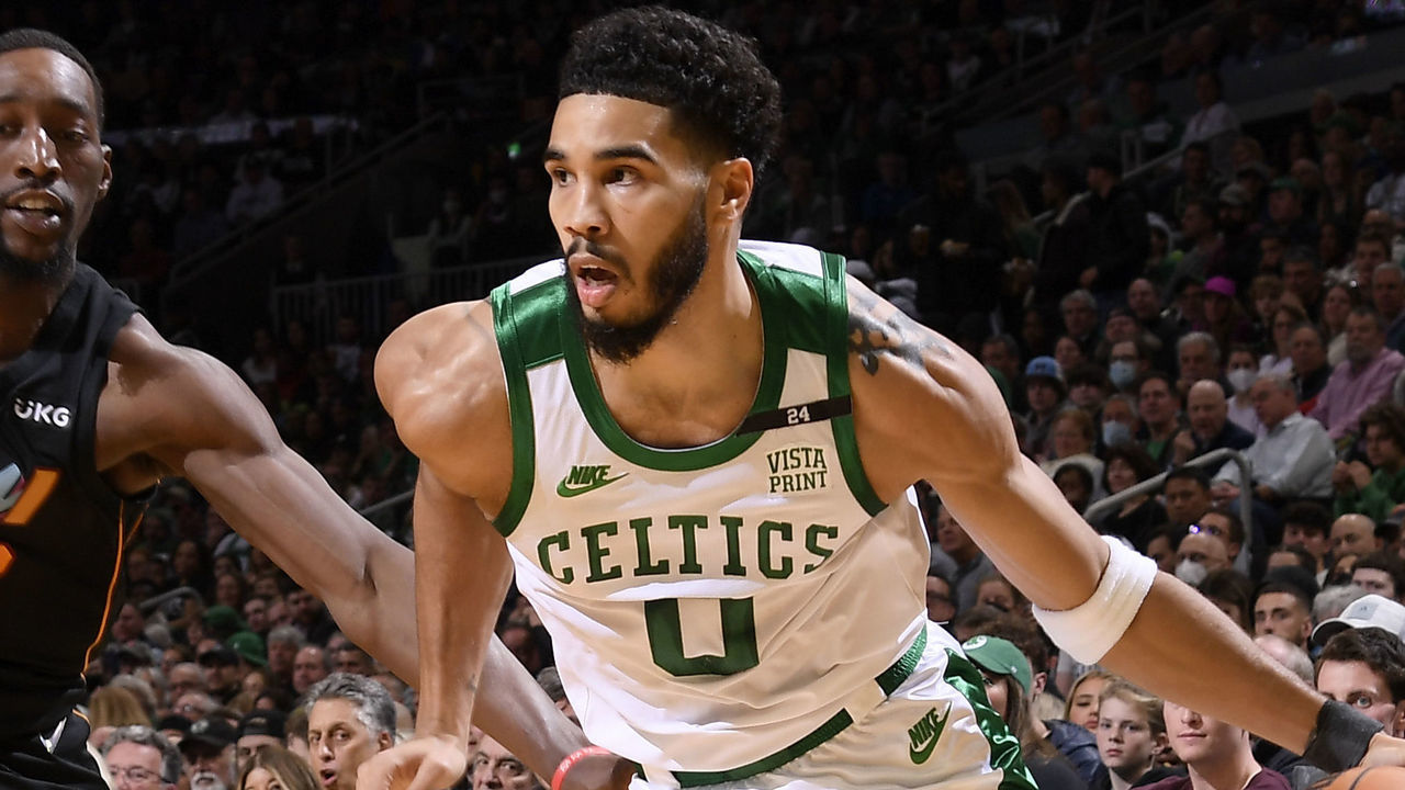 BOSTON, MA - MARCH 30: Jayson Tatum #0 of the Boston Celtics drives to the basket during the game against the Miami Heat on March 30, 2022 at the TD Garden in Boston, Massachusetts. Mandatory Copyright Notice: Copyright 2022 NBAE