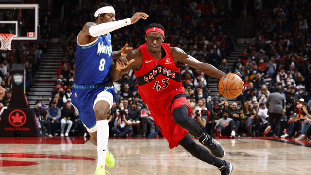 TORONTO, CANADA - MARCH 30: Pascal Siakam #43 of the Toronto Raptors drives to the basket during the game against the Minnesota Timberwolves on March 30, 2022 at the Scotiabank Arena in Toronto, Ontario, Canada. Mandatory Copyright Notice: Copyright 2022 NBAE