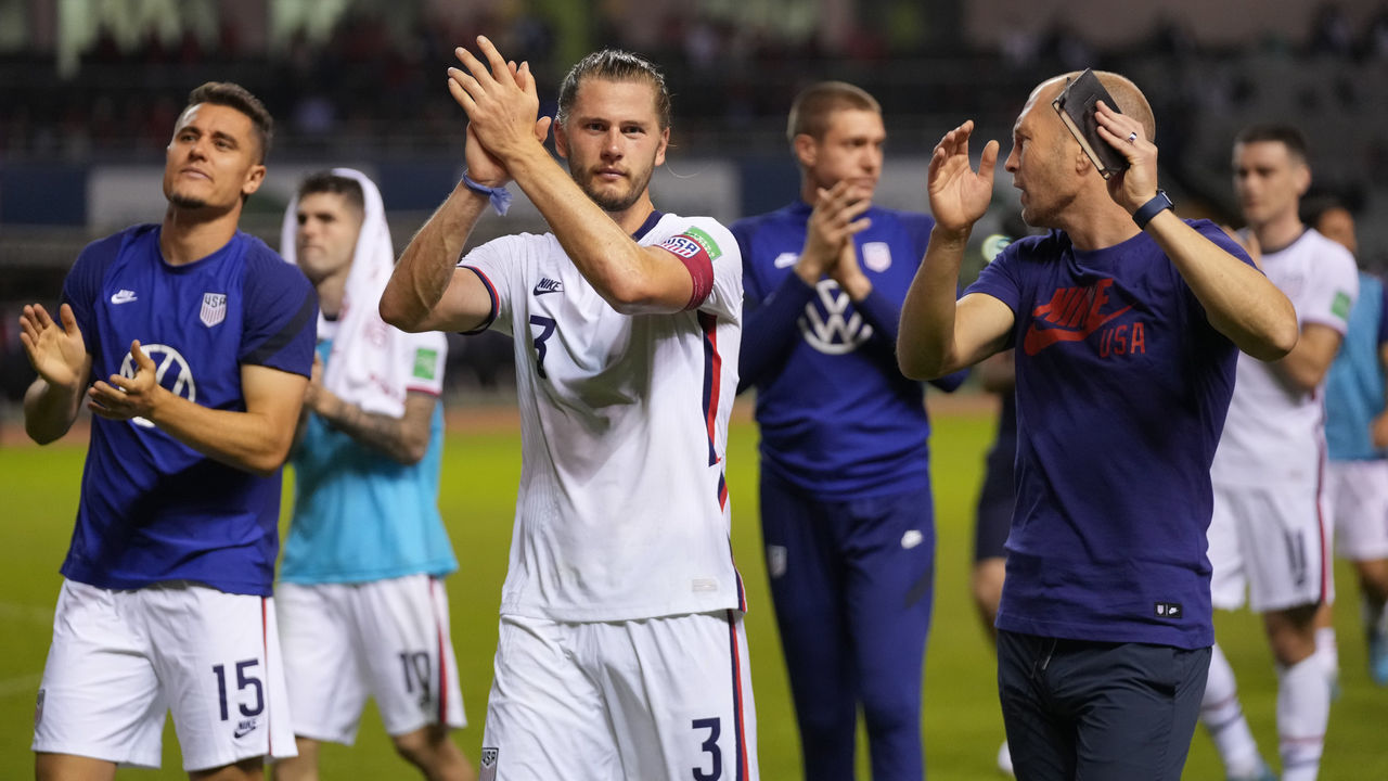 SAN JOSE, COSTA RICA - MARCH 30: Walker Zimmerman #3 of the United States salutes the fans during a FIFA World Cup qualifier game between Costa Rica and USMNT at Estadio Nacional de Costa Rica on March 30, 2022 in San Jose, Costa Rica.